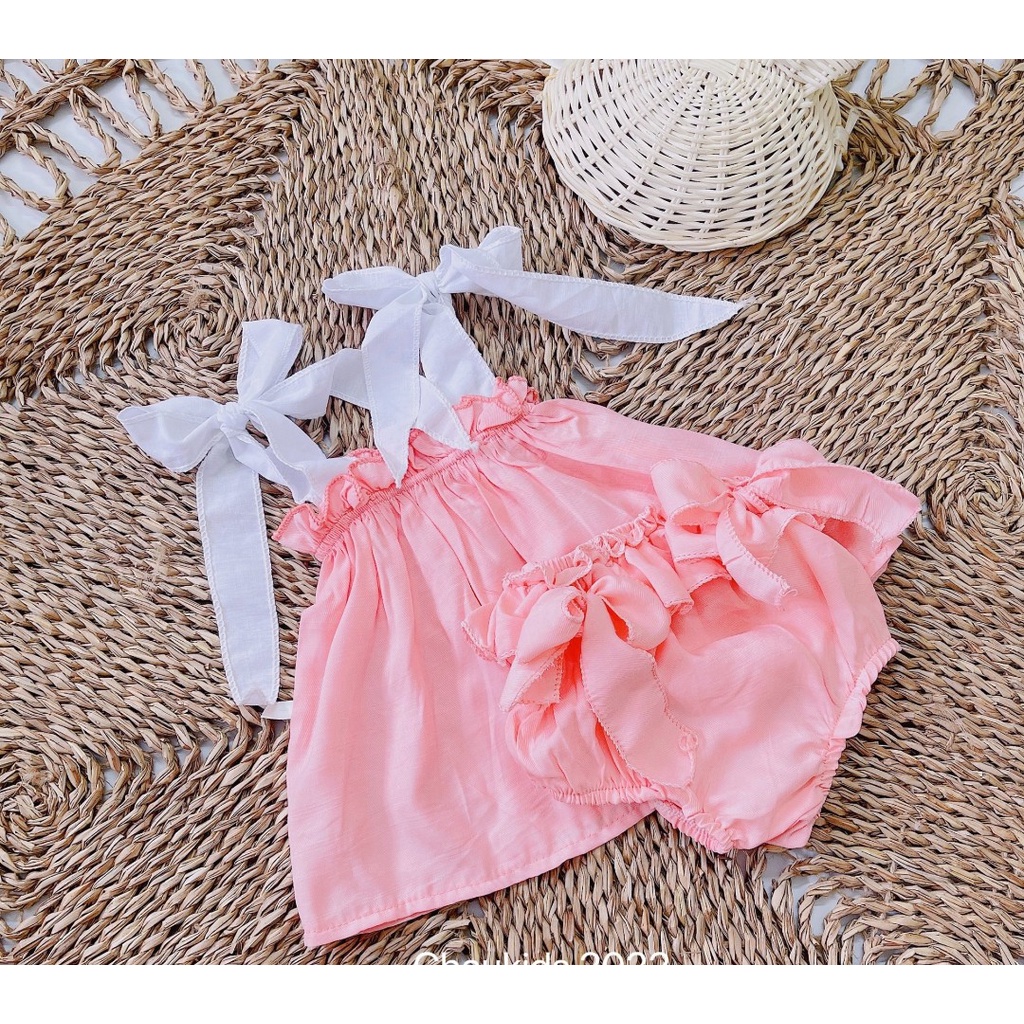 Bộ bé gái, set bộ hồng áo 2 dây bản to kèm quần chip nơ xinh cho bé
