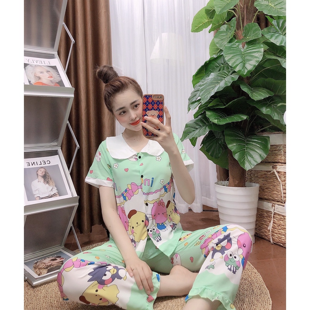 đồ bộ pijama tay ngắn quần dài mặc nhà dễ thương nữ vải Lụa Hàn Họa Tiết Siêu Cute