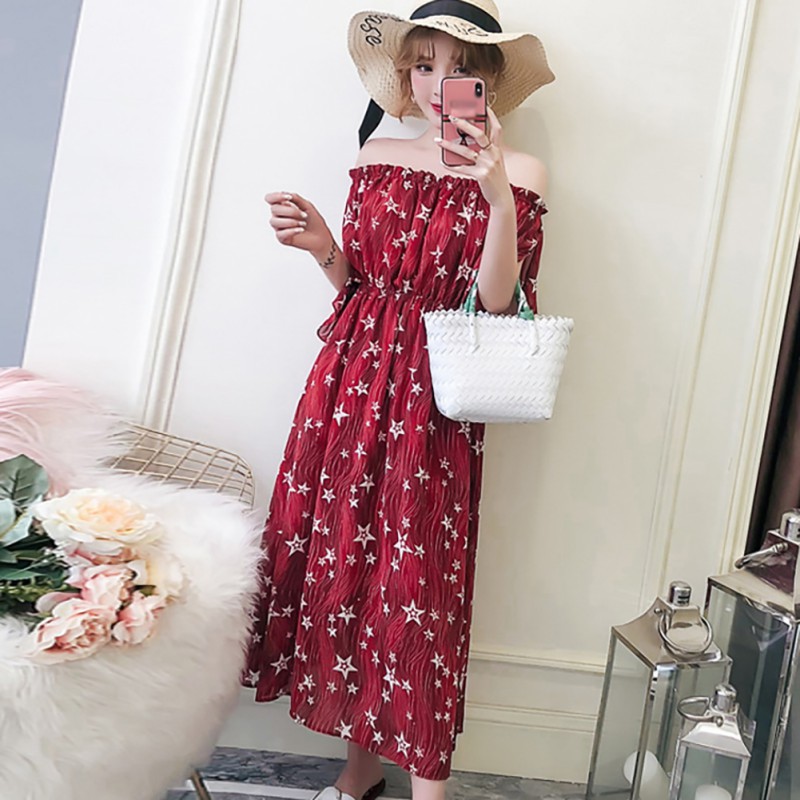 Đầm trễ vai chất Chiffon màu đỏ thiết kế thanh lịch cho phái nữ