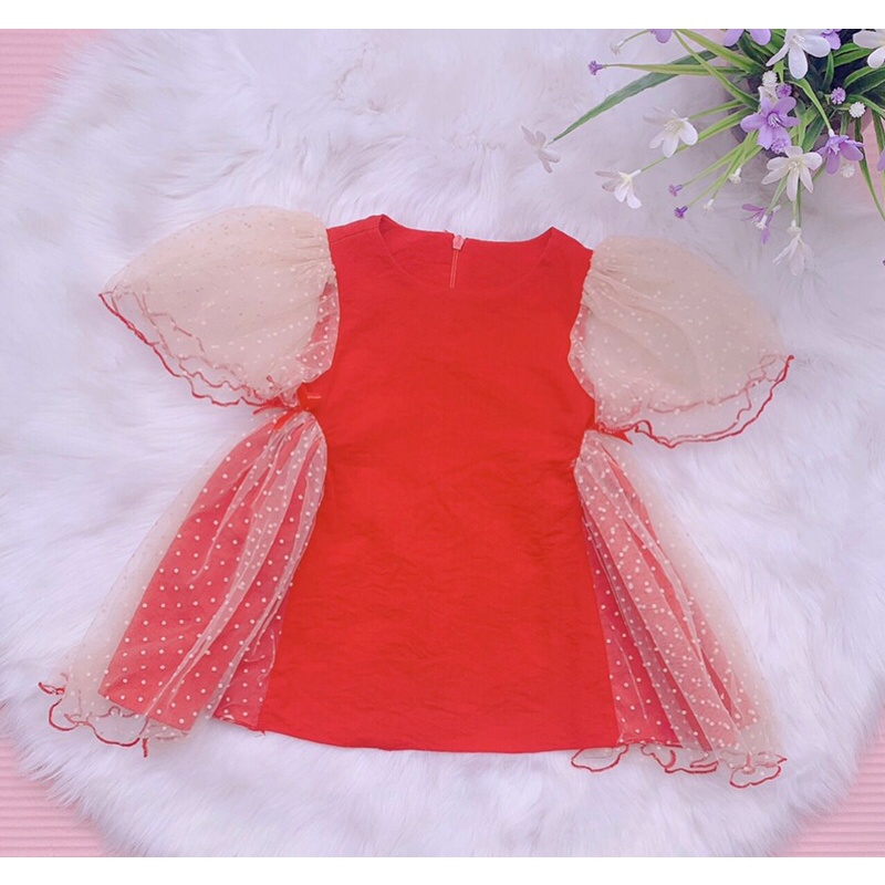 Váy Công Chúa Đỏ Ren Tay Phối Lưới Nhung Gắn Nơ cho bé gái 5-32kg