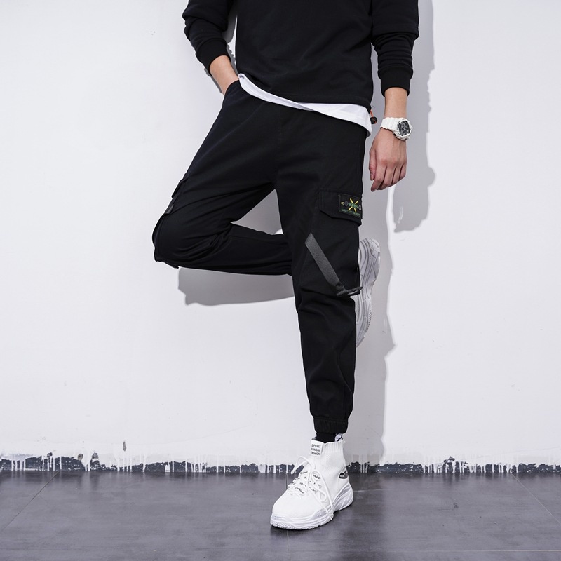 Quần dài IELGY màu đen thoải mái phong cách hip hop cá tính cho nam