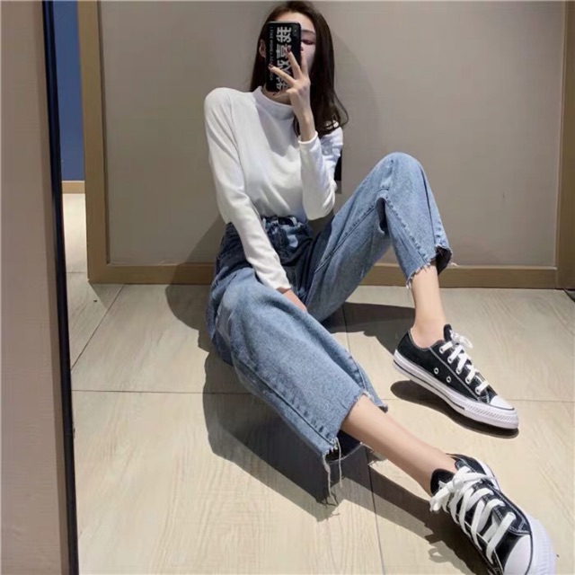 Quần baggy jeans lưng cao ống loe nhẹ ulzzang kèm ảnh thật