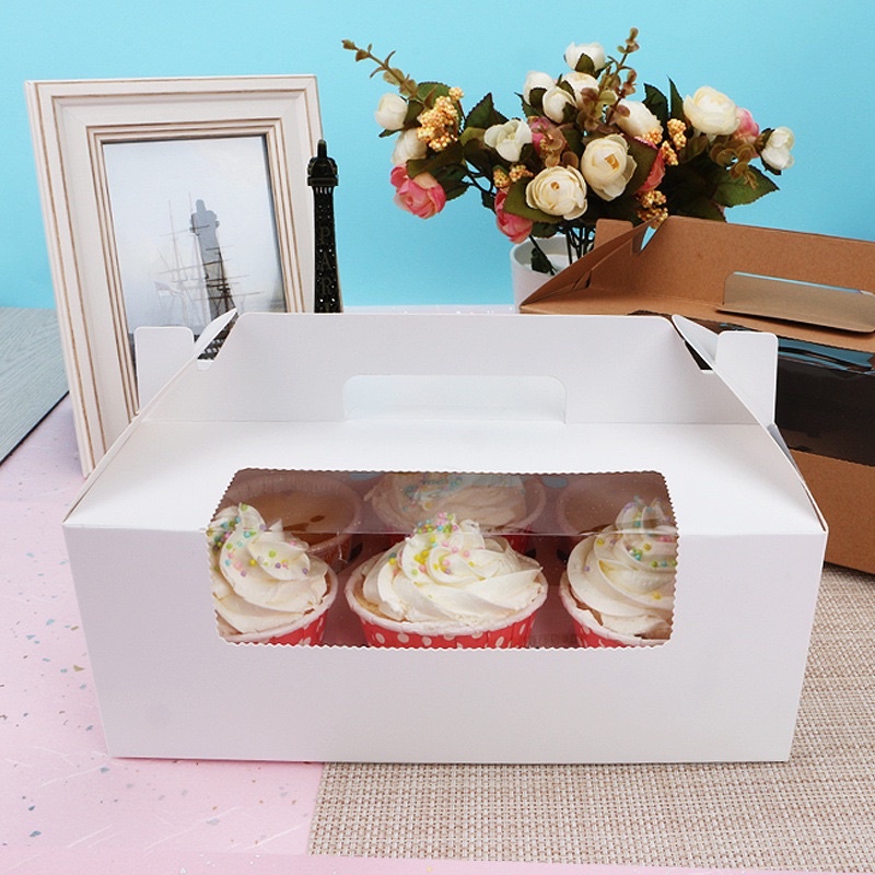 Hộp giấy cupcake trắng có quai xách 4-6 bánh