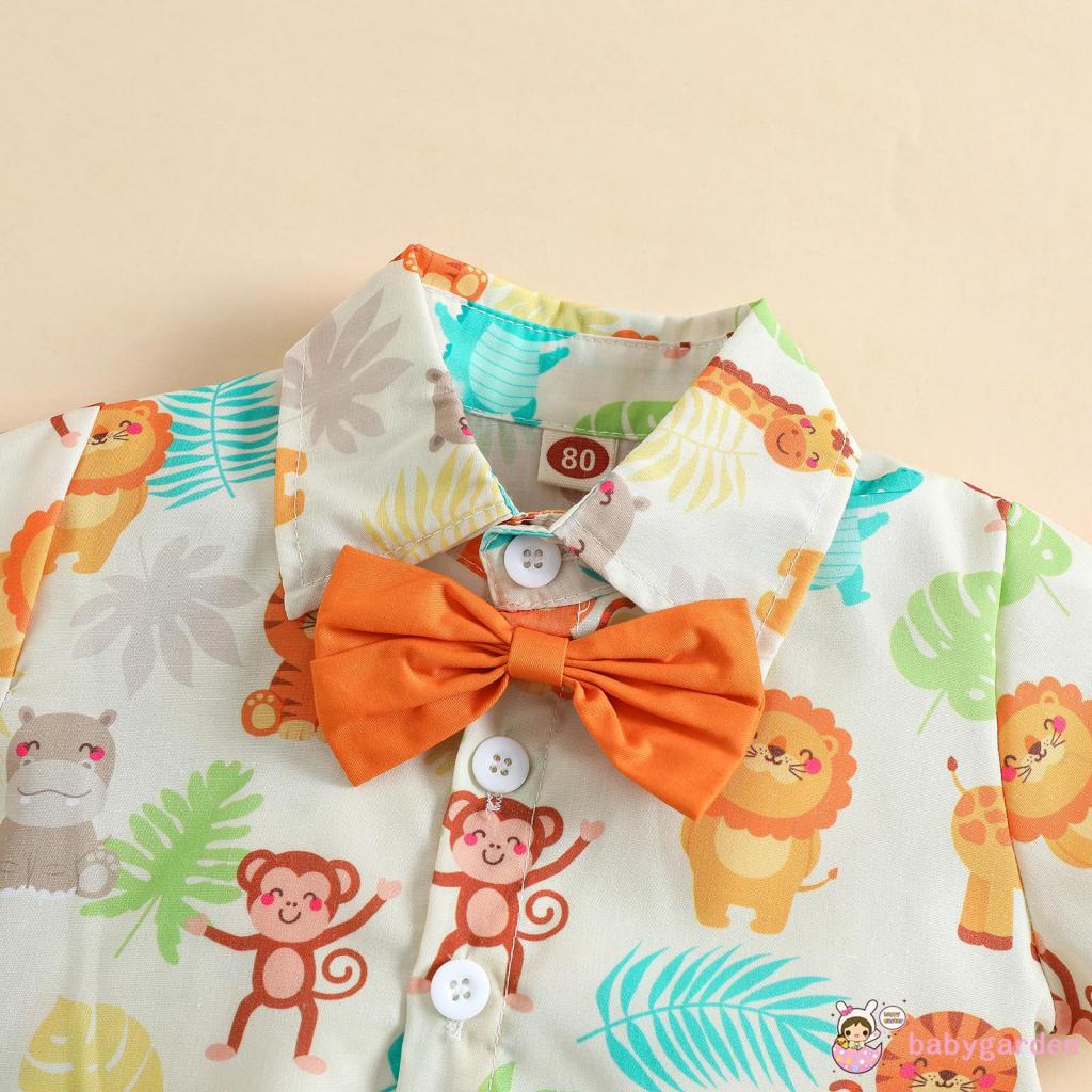 Bộ Áo Sơ Mi Tay Ngắn Đính Nơ Hình Động Vật + Quần Short Màu Trơn Dành Cho Bé Trai 6 Tháng Tuổi 4 Tuổi