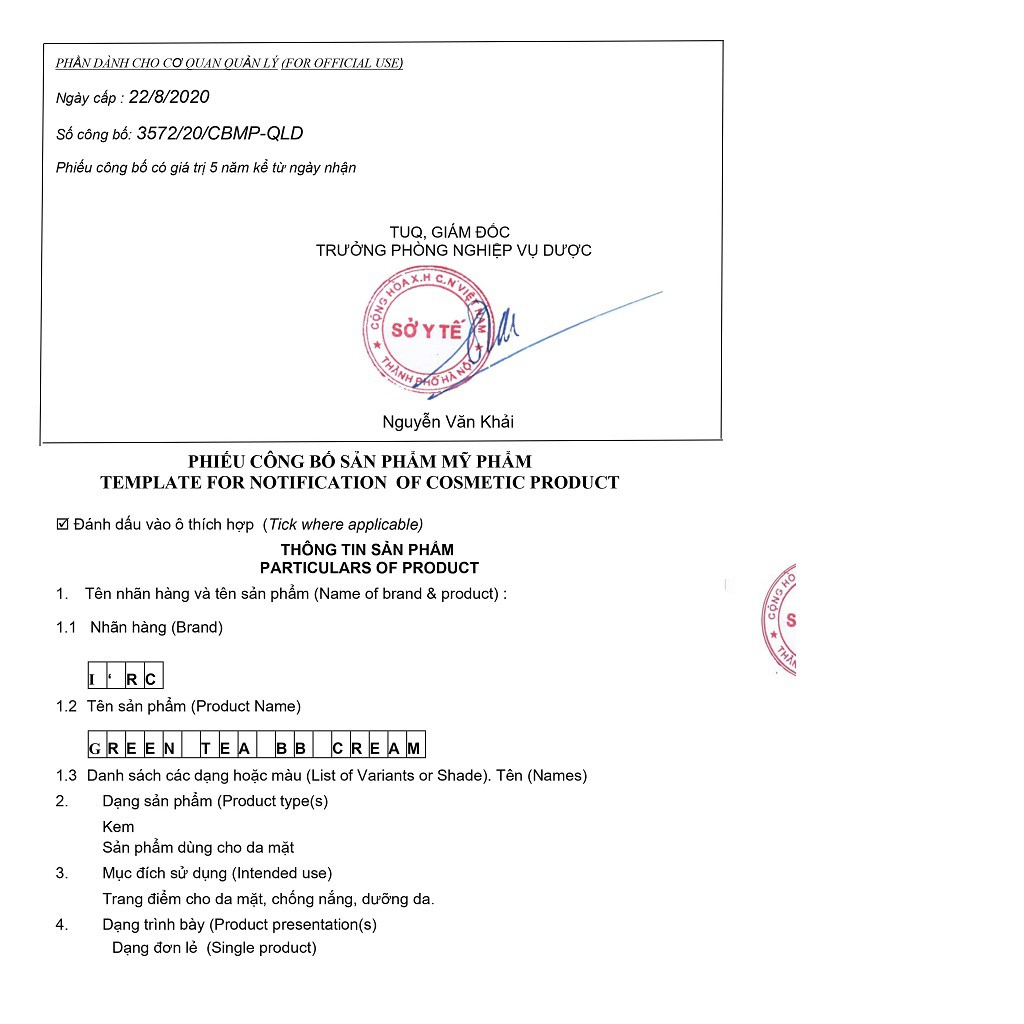 Kem nền che khuyết điểm BB Cream GreenTea IRC cho da dầu mụn chống nắng dưỡng da | BigBuy360 - bigbuy360.vn