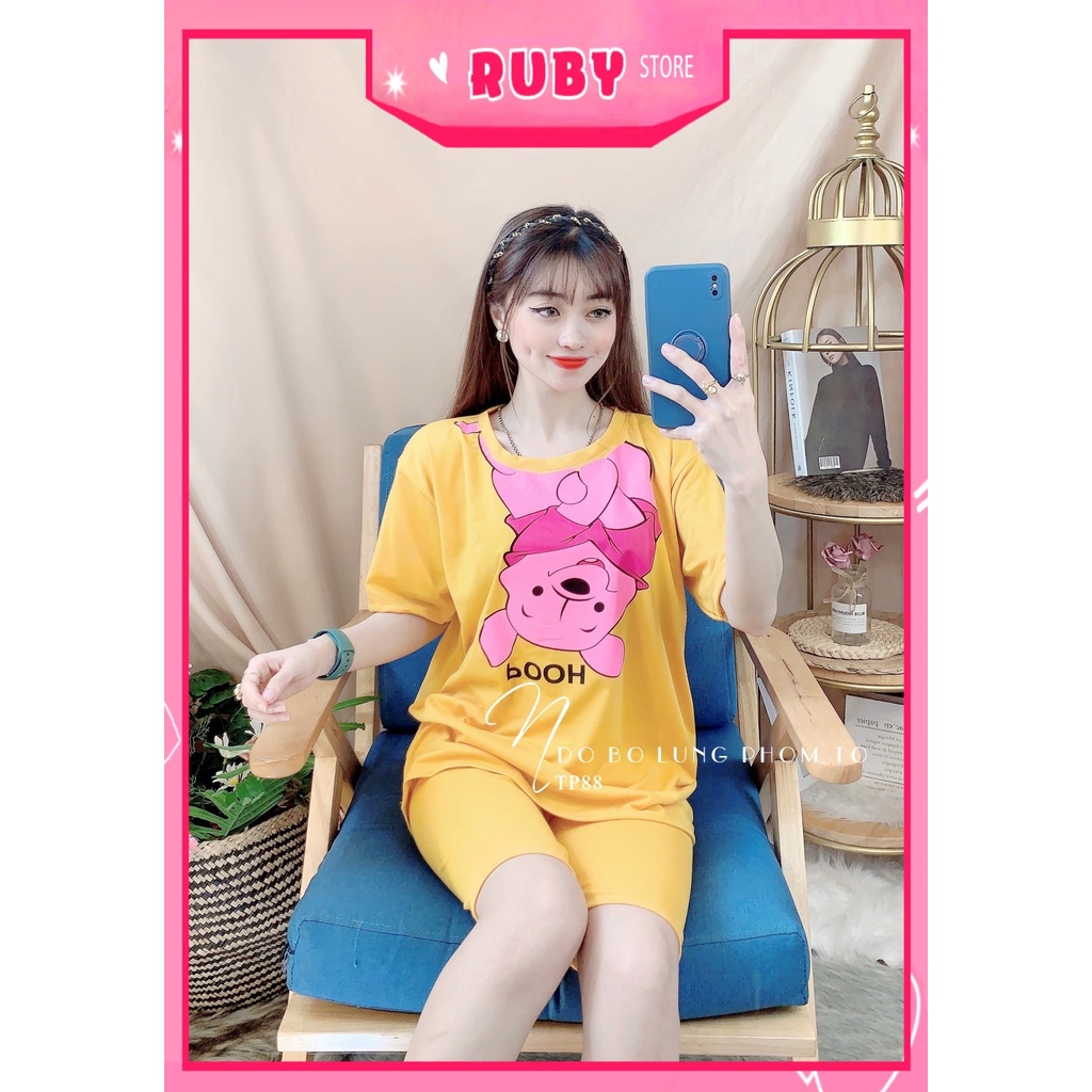 Đồ bộ thun lửng phom to cho nữ mặc nhà chất thun mềm mát in hình gấu hoạt hình dễ thương TP88