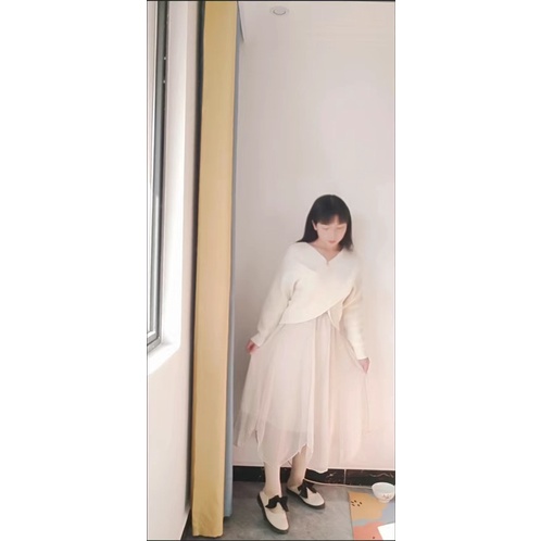 Set áo len X trễ vai + chân váy voan ulzzang điệu đà