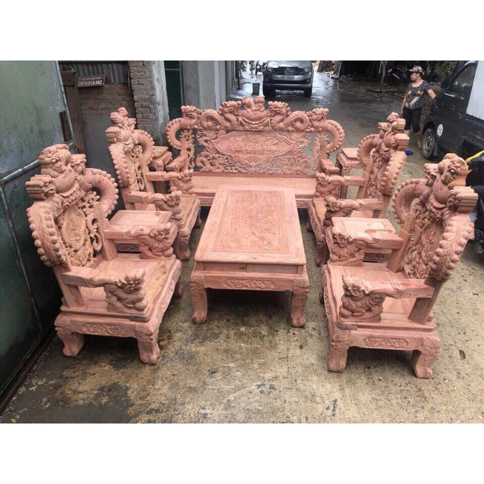 Bộ Bàn Ghế Gỗ Phòng Khách Nghê Đỉnh Tay Khuỳnh Gỗ Hương Đá 10 món