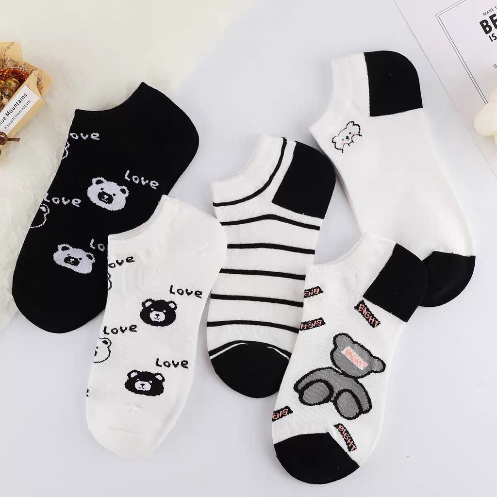 Tất cổ ngắn nữ phong cách trẻ trung, họa tiết hình gấu đáng yêu, chất liệu cotton, thấm hút mồ hôi TT84