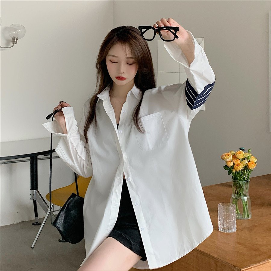 Áo Sơ Mi Trắng Nữ Dáng Trùm Mông 3 Sọc Style Cao Cấp, Áo Somi Nữ Dài Tay Dáng Rộng | BigBuy360 - bigbuy360.vn