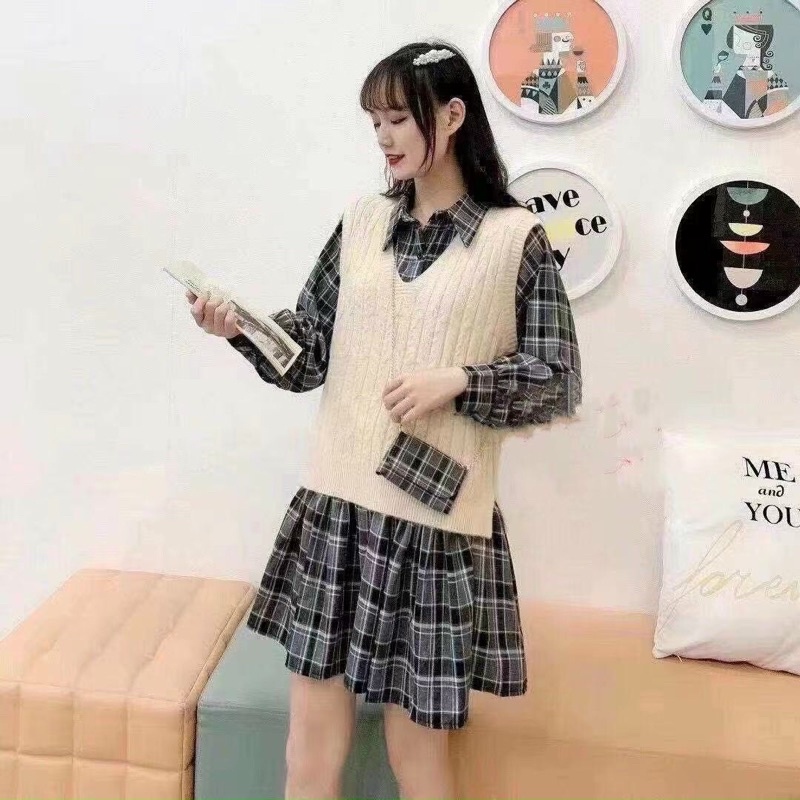 Sét gile + váy kẻ + túi tote