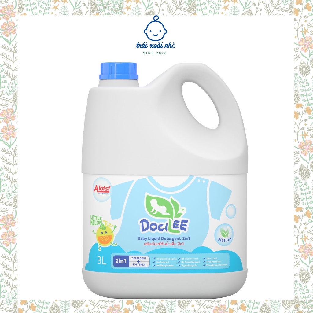 Nước giặt xả quần áo em bé Docilee 2IN1 xanh 3 lít với hương thơm diu nhẹ, chứa các thành phần tự nhiên