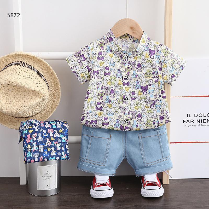 SET ÁO SƠ MI NGẮN TAY BABY CAT HỌA TIẾT MÈO QUẦN JEAN CHO BÉ TRAI TỪ 1-4 TUỔI