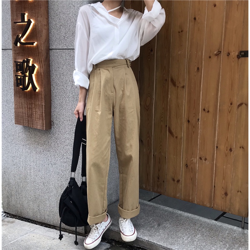 QA8_Quần kaki màu nâu sữa cạp cao ống rộng phong cách retro Hàn quốc