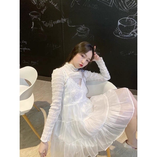 Đầm babydoll 2 dây voan tơ óng ánh LILA Dress+áo đen/áo kem dài tay ulzzang Hàn Quốc SAM SAM BOUTIQUE