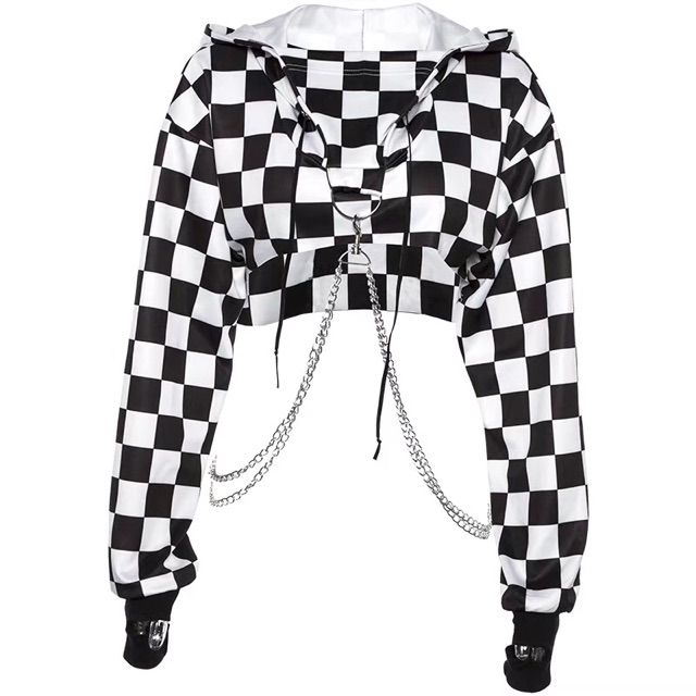Set áo hoodie croptop và chân váy checkerboard