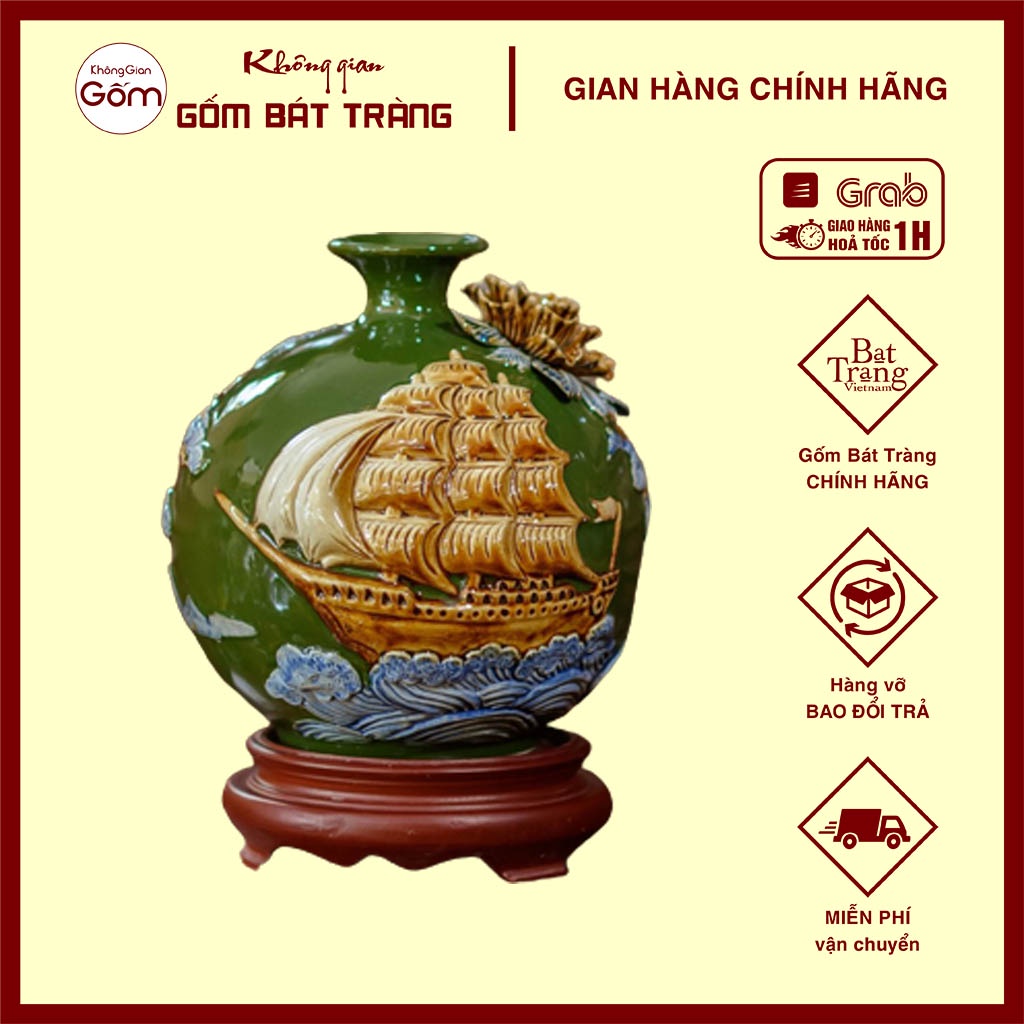 Bình hút lộc, Lọ hoa hút lộc Thuận Buồm Xuôi Gió đắp nổi gốm sứ Không Gian Gốm Bát Tràng hút tài lộc phong thuỷ