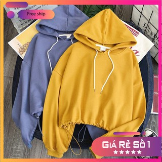 Áo hoodie lửng dây eo form rộng tay dài mũ trùm đầu phong cách Hàn Quốc 2019_Ảnh thật