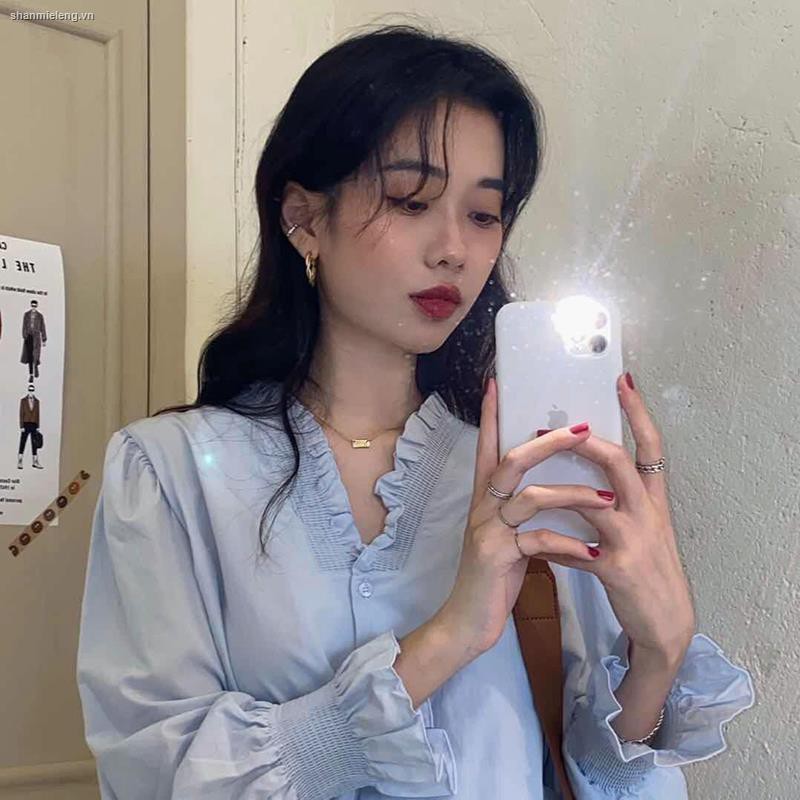 Áo Sơ Mi Tay Dài Ống Loe Dáng Rộng Màu Xanh Dương Phong Cách Cổ Điển Thời Trang Cho Nữ