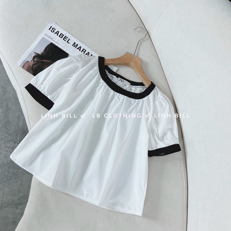 Áo thô viền dáng suông babydoll đẹp, Áo kiểu tay bồng cổ tròn viền AK1382 - NhiNhi Shop