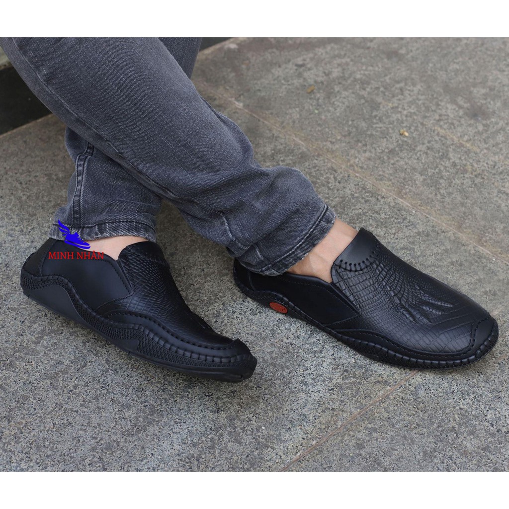 Giày lười nam da bò mẫu mới nhất công sở giày xỏ nam đế bệt cho lái xe ô tô slip on đẹp độc đáo hàng hiệu giá rẻ S-4 đen