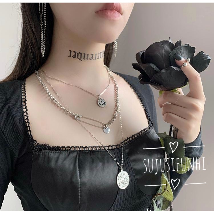 Set 3 vòng cổ unisex hình chiếc ghim băng và đồng xu