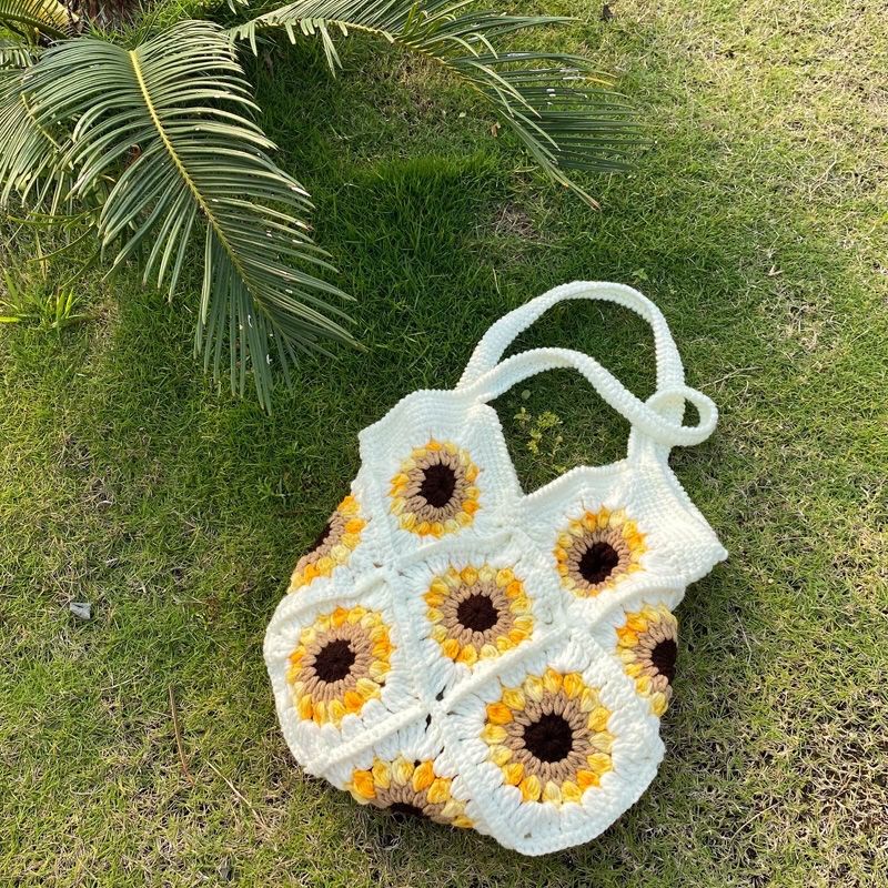 [Nghệ Thuật DIY] Túi Đeo Vai Đan Len Hình Hoa Hướng Dương Thủ Công Đáng Yêu (Túi Đi Dã Ngoại) Tươi Tắn Và Đơn Giản