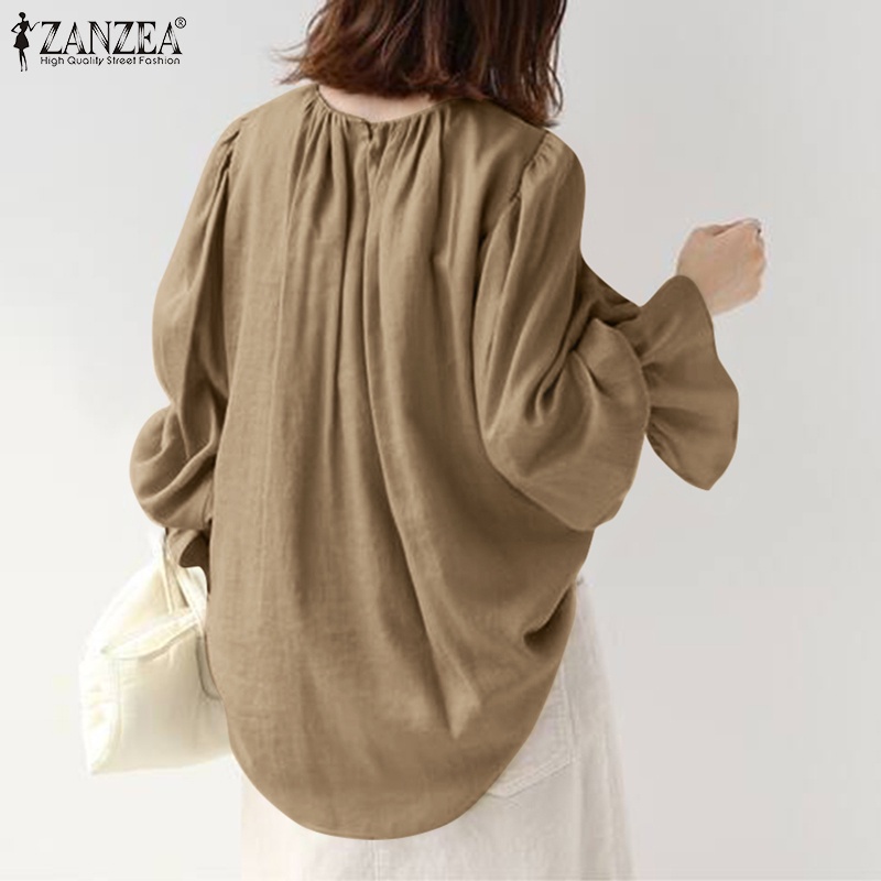 Áo ZANZEA tay dài cổ tay co giản cổ tròn màu trơn đơn giản phong cách Hàn Quốc