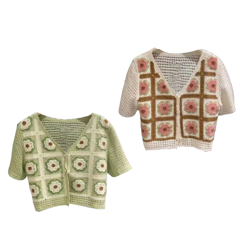 Áo Croptop Dệt Kim Tay Ngắn Cổ Chữ V Thêu Họa Tiết Hoa Thời Trang Mùa Hè Cho Nữ