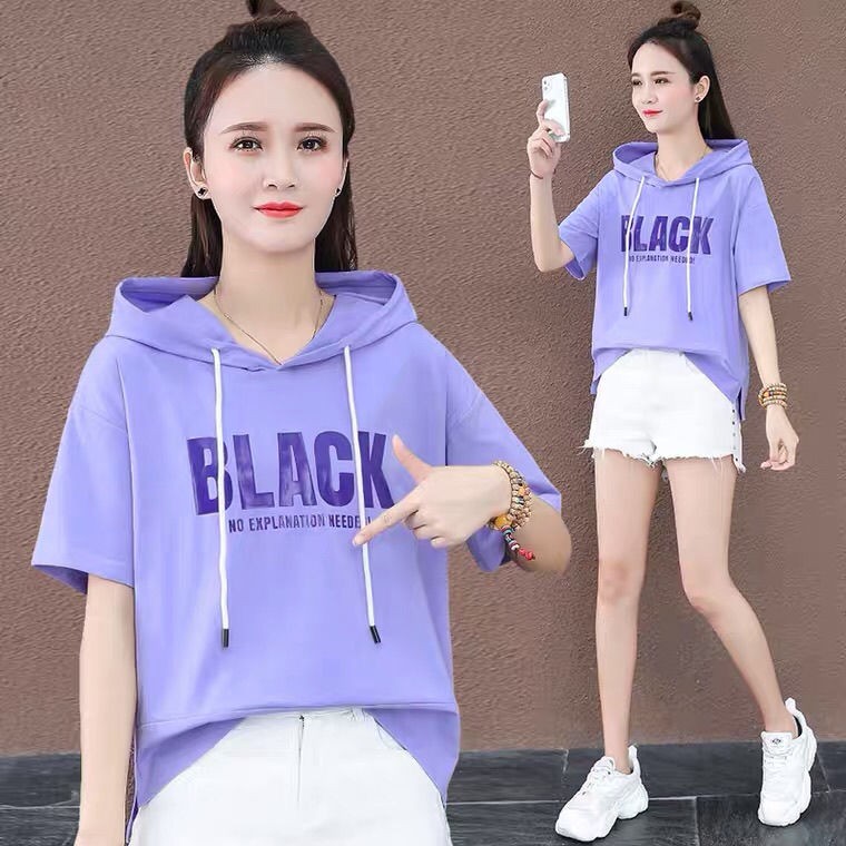 ◕✷cotton chất lượng cao mùa hè mới áo thun nữ tay ngắn thời trang có mũ trùm đầu phiên bản Hàn Quốc size lớn ph