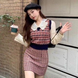 (Ảnh thật cuối) Set áo sơ mi trắng cổ nơ + áo gile + chân váy len giả tweed răng sói Hàn Quốc [Yannie]