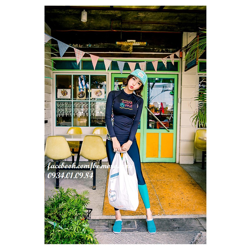 Đồ bơi dài tay Hàn Quốc xanh navy viền họa tiết | BigBuy360 - bigbuy360.vn