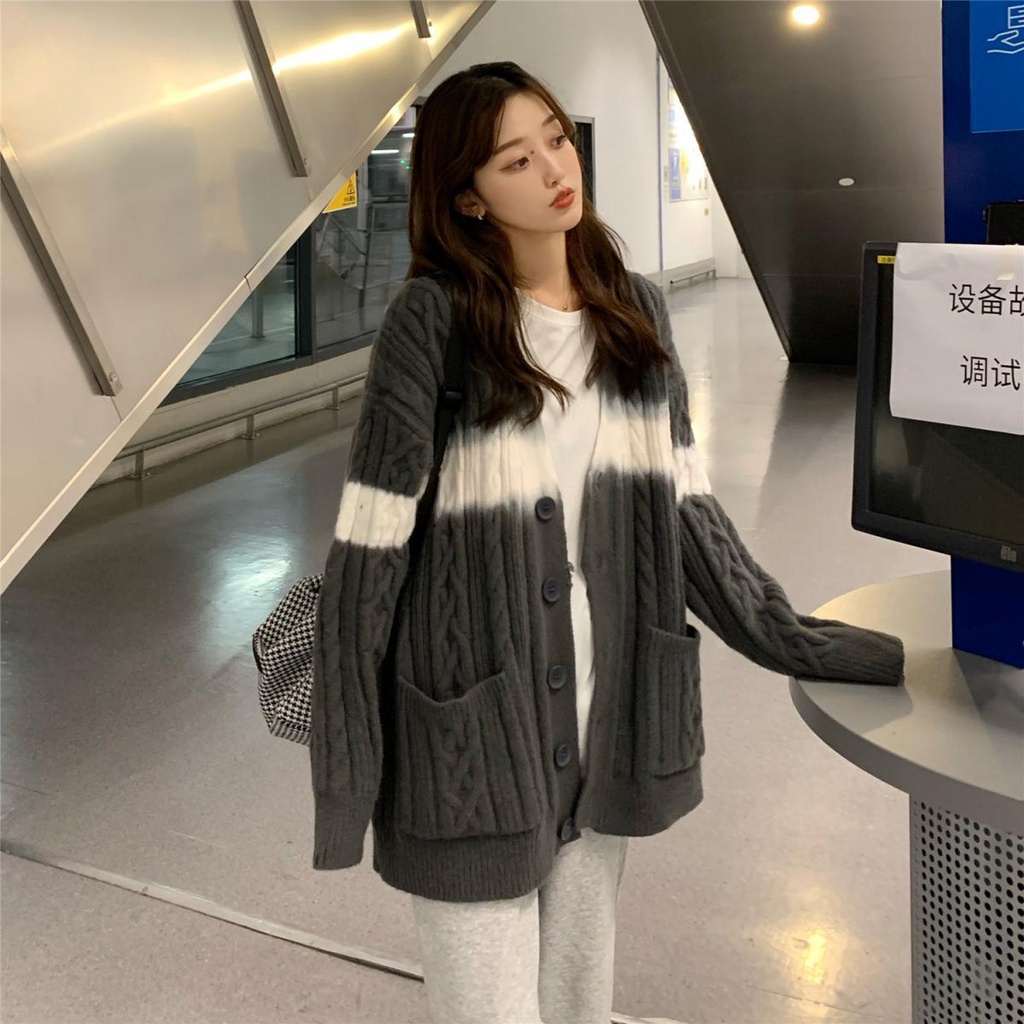 Áo khoác cardigan cổ chữ V tay dài nhuộm màu gradient phong cách Hàn Quốc mới cho nữ