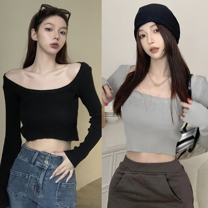 Áo Croptop Dệt Kim Màu Trơn Dáng Ôm Thiết Kế Đơn Giản Thời Trang Cho Nữ