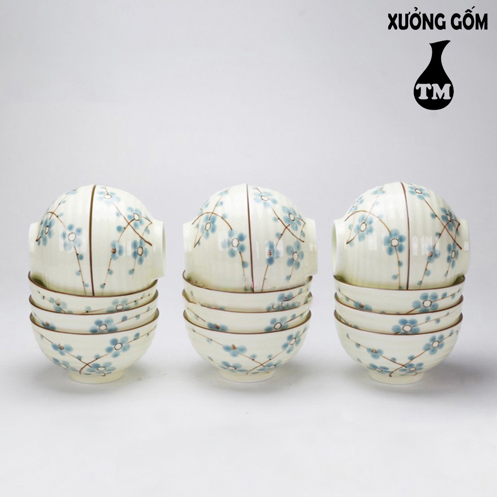 Bộ 06 Bát Chén Ăn Cơm Men Kem Hoa Đào Xanh Vẽ Tay Xưởng Gốm TM Bát Tràng
