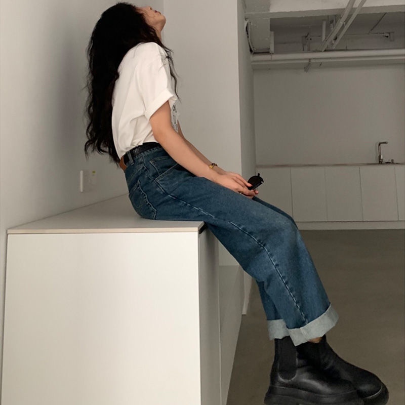 Quần Jean Ống Rộng Lưng Cao Thêu Họa Tiết Xinh Xắn Theo Phong Cách retro Hàn Quốc