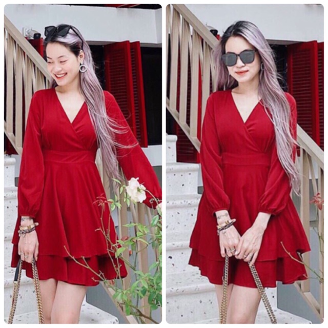 JUMPSUIT TẦNG ĐỎ CỔ V