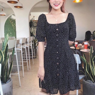 váy chấm bi cổ vuông cúc dọc kèm hình thật