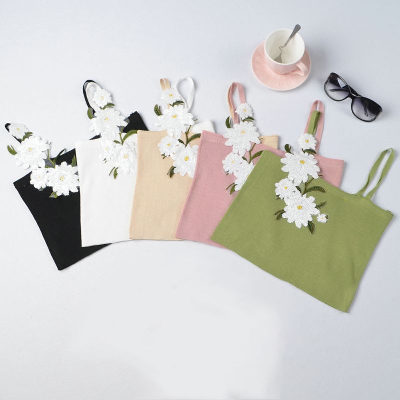 Áo Croptop Dệt Kim Hai Dây Không Tay In Họa Tiết Hoa Cúc Nhỏ Đính Sequin Thời Trang Mùa Hè Quyến Rũ Cho Nữ