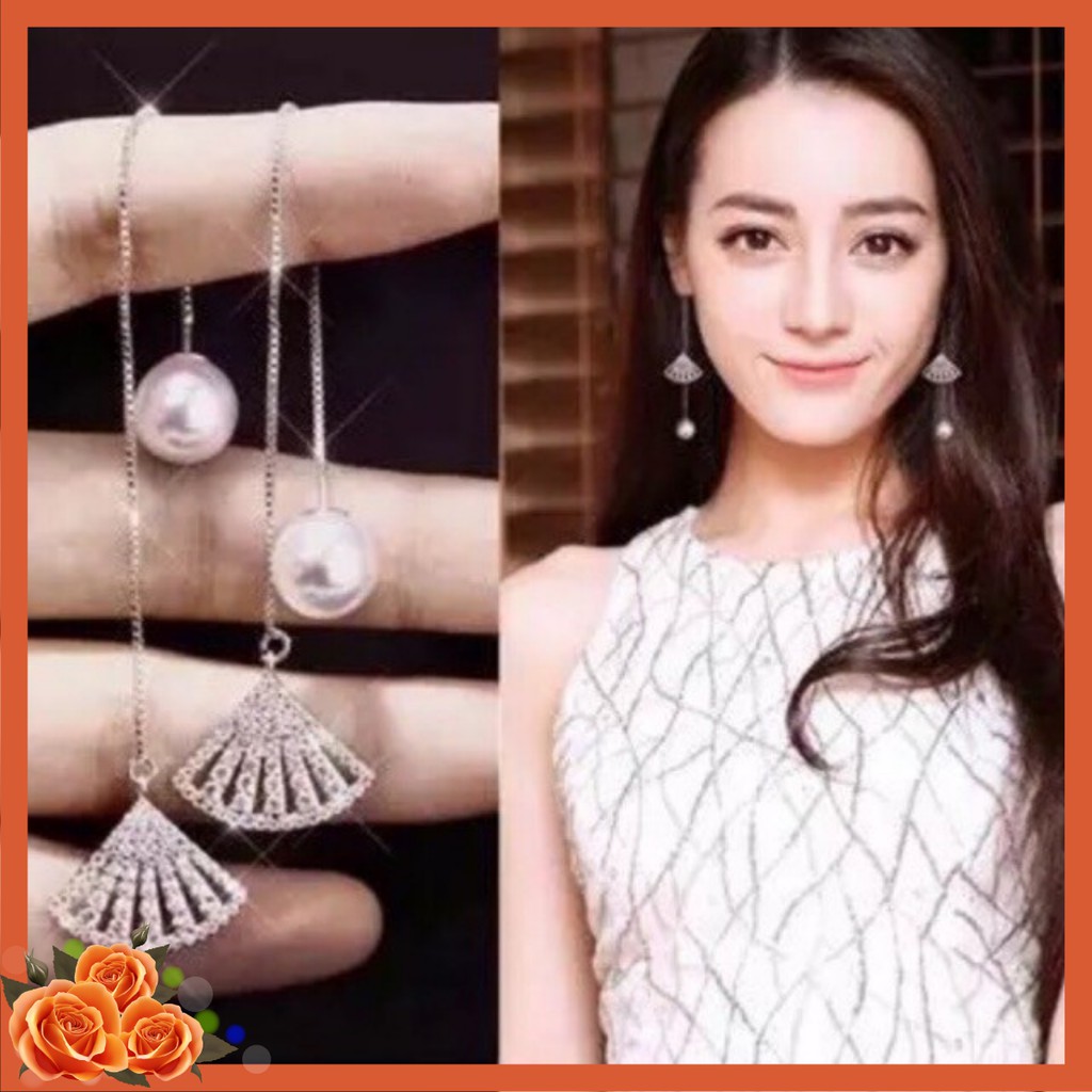 Bông tai S925 dáng dài hình cây quạt kèm hạt châu đi cùng tôn lên sự sang trọng