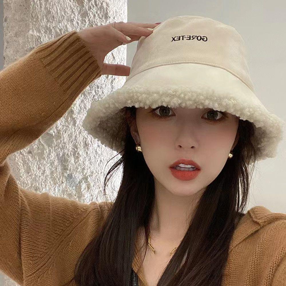 Mũ Bucket Nhung Lông In Chữ Phong Cách Retro Hàn Quốc Thời Trang Mùa Đông Dành Cho Nữ