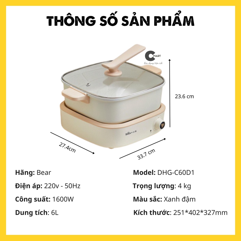 Nồi Lẩu Nướng Tráng Men Chống Dính Công Suất 1500W BEAR DHG-C40M1