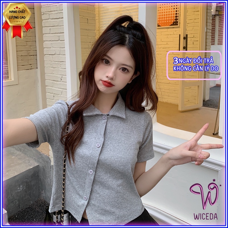 Áo croptop nữ polo tay ngắn vạt chéo có cổ,áo kiểu chất cotton mềm mịn cúc thật 4 màu đen trắng ghi hồng nhạt Wiceda AP4 | BigBuy360 - bigbuy360.vn