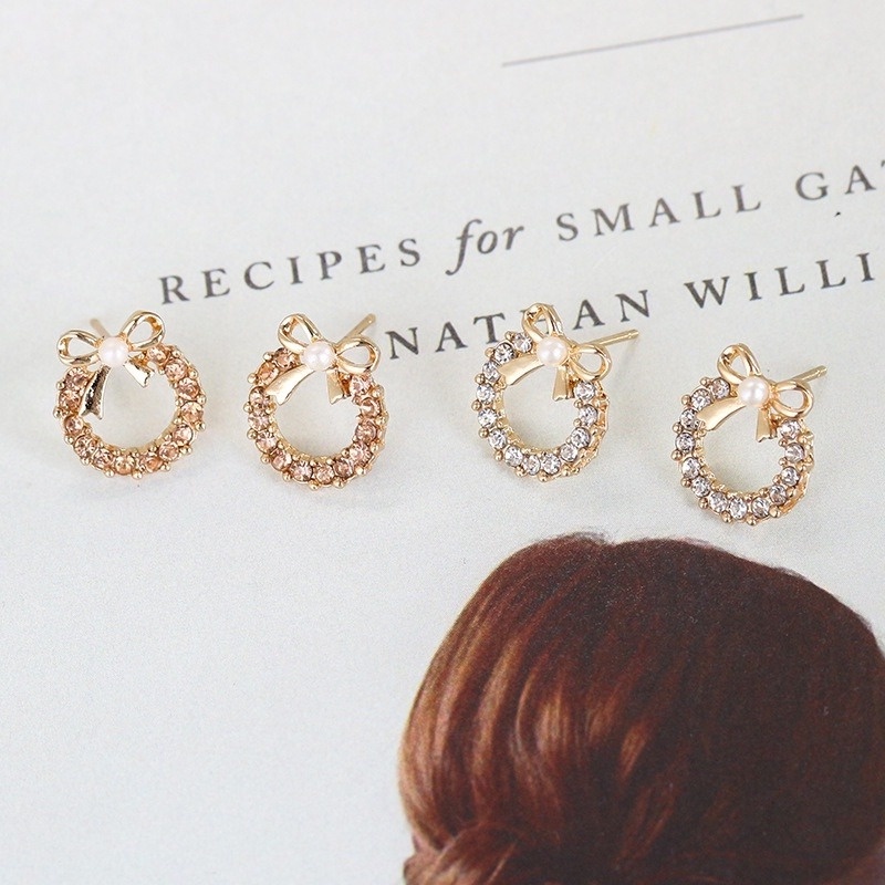 Đôi bông tai hình nơ đính đá và ngọc trai nhân tạo phong cách Hàn Quốc thời trang 210807