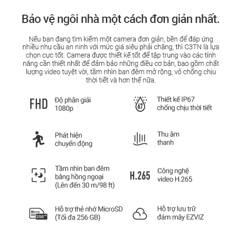 [Mã ELCL12 giảm 9% đơn 300K] Camera WI-FI EZVIZ C3TN 2MP, Ngoài Trời, Không/Có Màu Ban Đêm, IP67