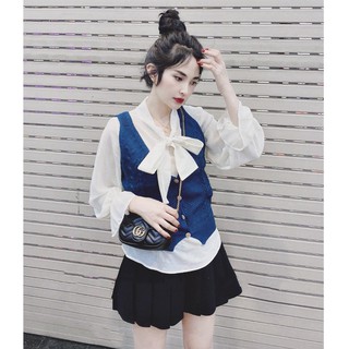 Set gile len sơ mi voan buộc nơ