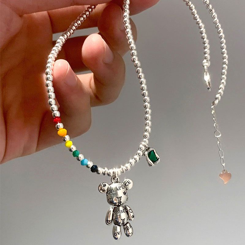 Dây Chuyền Bạc Sterling Mặt Tròn Hình Gấu Đính Hạt Màu Cầu Vồng Thời Trang Mùa Hè Sang Trọng Dễ Phối Đồ Cho Nữ