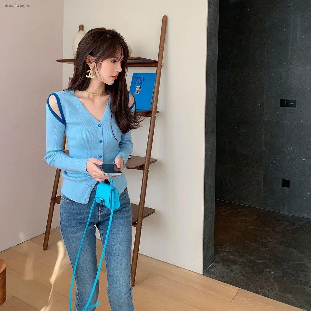 Áo khoác cardigan dệt kim cổ chữ v hở vai phong cách Hàn Quốc 2022 thời trang cho nữ
