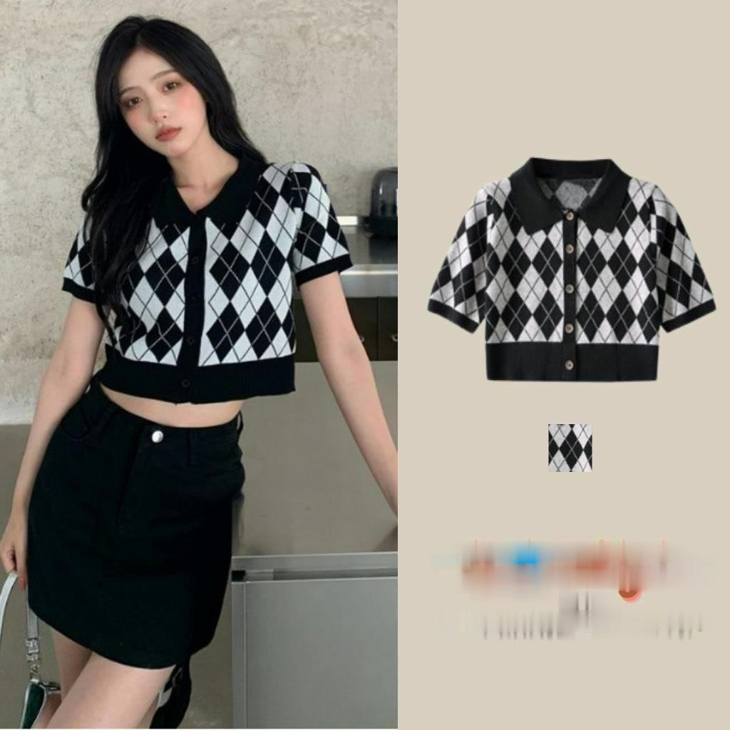 Áo 100 len croptop Nữ Tay Ngắn, Áo Len Croptop Kẻ Sọc Caro100