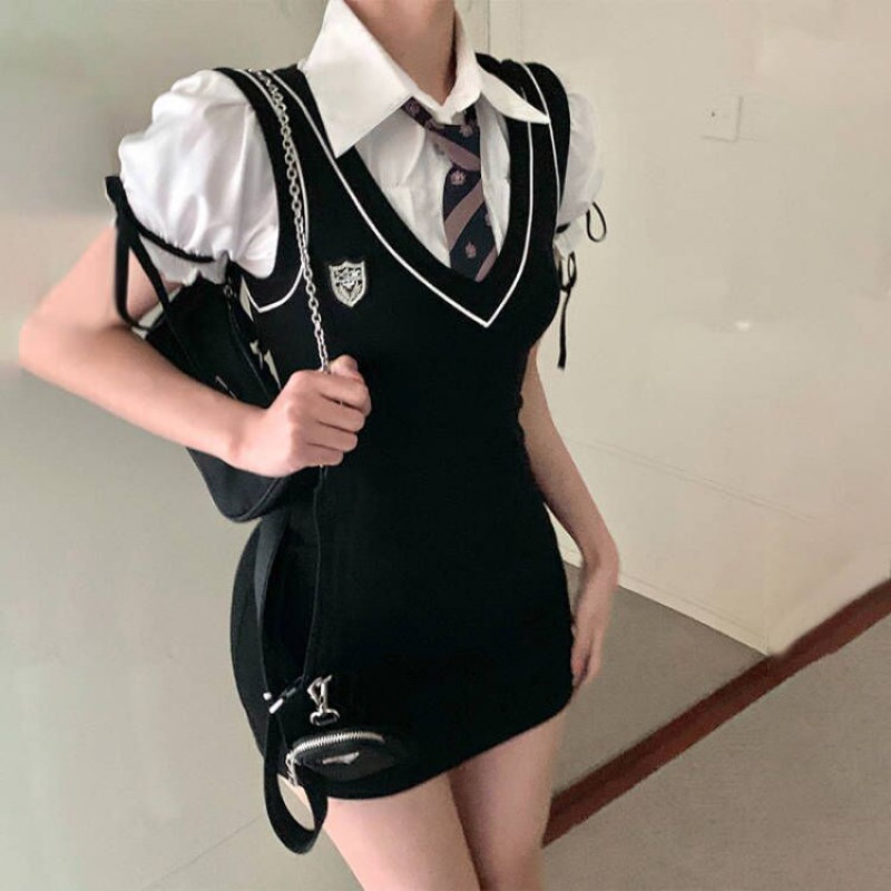 Bộ Đồng Phục Giả Hai Mảnh Gồm Áo Tay Phồng Và Túi Phồng Phong Cách Preppy Ngọt Ngào Cho Nữ